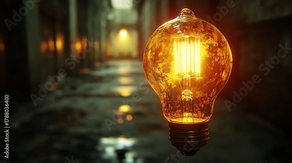 Obraz Illuminating urban decay: An incandescent bulb against a derelict backdrop