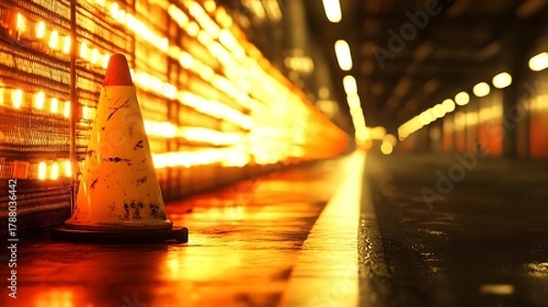 Obraz Safety cone casting an orange glow in an industrial setting, creating contrast