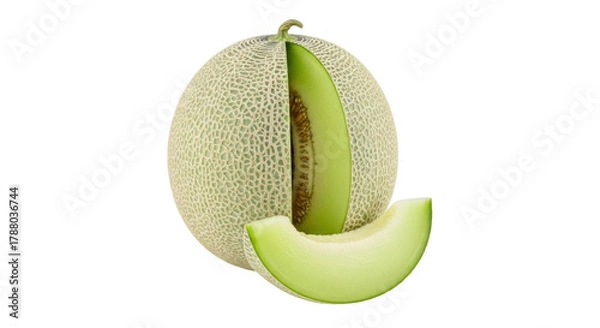 Fototapeta Isolated cantaloupe fruit with slice removed and set in front, healthy eating concept
