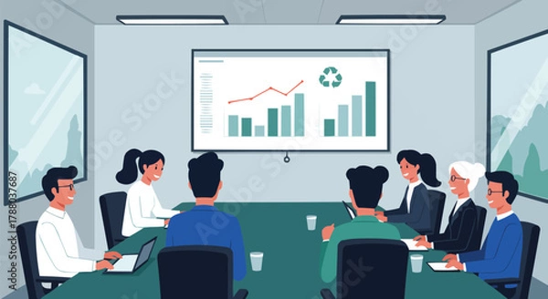Obraz Corporate Board Meeting Discussing Sustainability Strategy, Environmental Presentation with Recycling Chart on Digital Screen