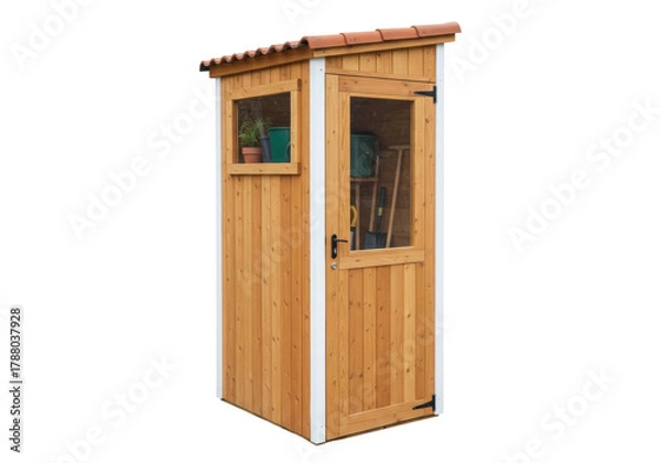 Fototapeta Isolated wooden garden shed with window and door, for outdoor tools and plants, storage