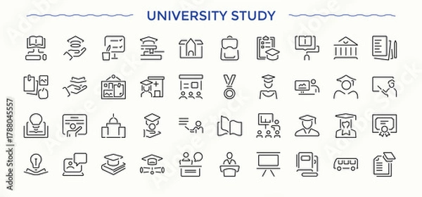 Fototapeta University icon set. Contains related to scholarship, graduation, academic institution, learning, diploma, higher education, school. Pixel perfect. Vector illustration. Academic linear icon set.