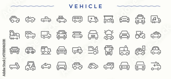 Fototapeta Vehicle icon set. Travel icon collection. Vector icons collection. Includes thin line symbols bus, motor, travel, automobile, car, transport, taxi and more. Editable stroke. Vector collection.
