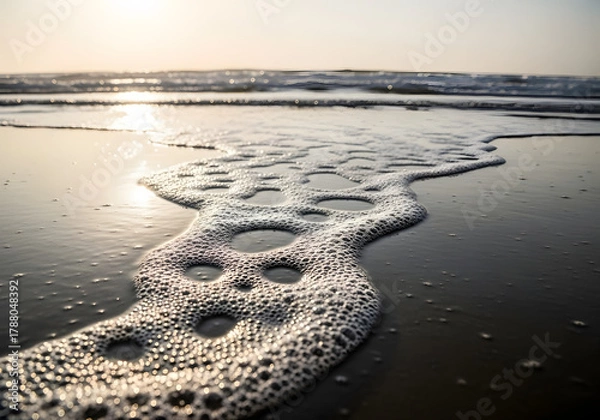 Fototapeta Bubbly foam pattern on seashore sand
