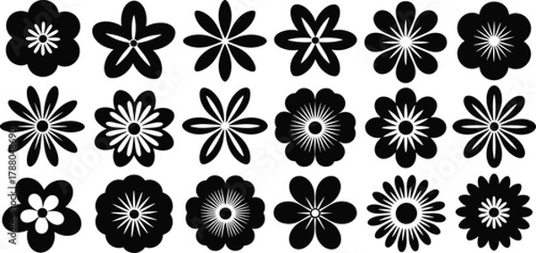 Fototapeta Set of 20 black and white floral icons and geometric flower silhouettes, minimalist vector design elements for patterns and logos