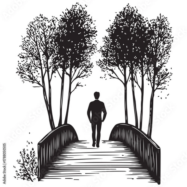 Fototapeta Silhouette of a man standing between two trees with a bench next to one tree