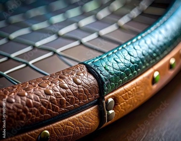 Fototapeta Vintage tennis racket frame with elegant faux leather texture and metallic studs close up