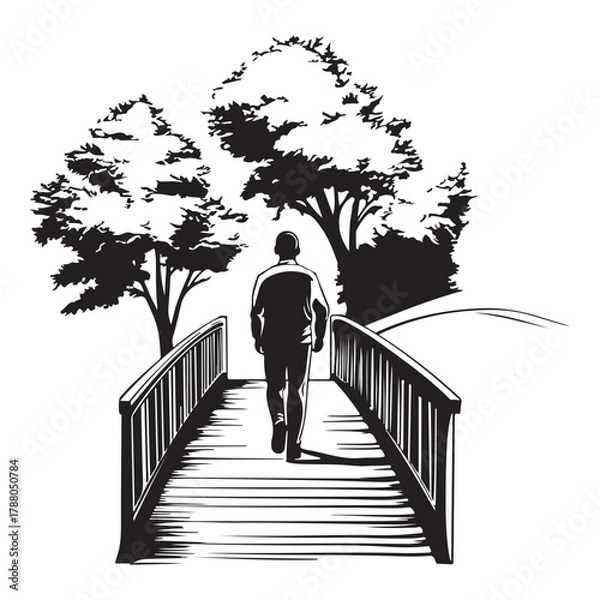 Fototapeta Silhouette of a man standing between two trees with a bench next to one tree