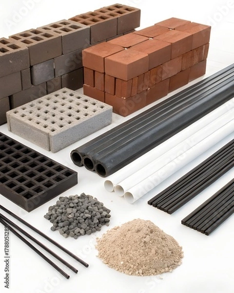 Fototapeta An assortment of various construction and building materials on a white background.