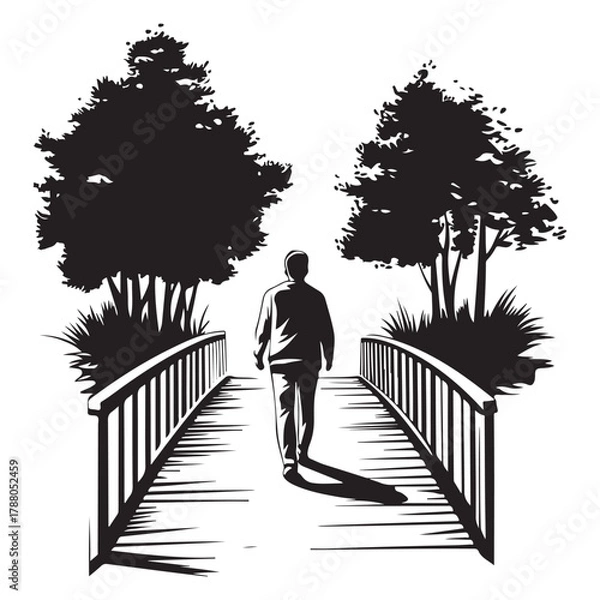 Fototapeta Silhouette of a man standing between two trees with a bench next to one tree