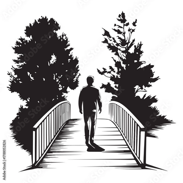 Fototapeta Silhouette of a man standing between two trees with a bench next to one tree