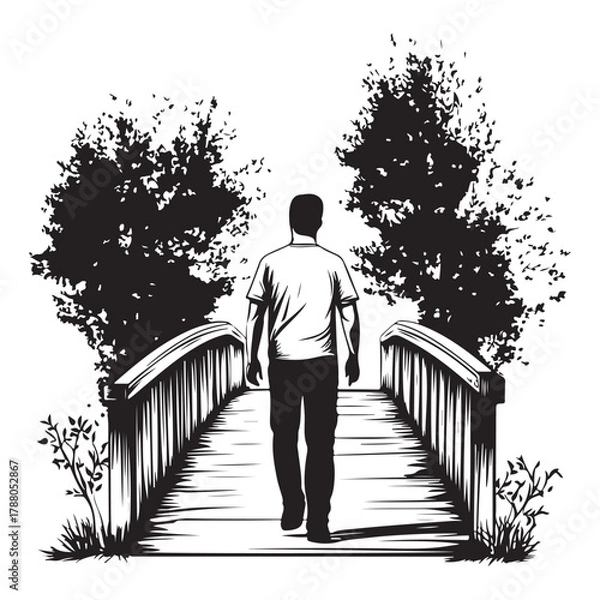 Fototapeta Silhouette of a man standing between two trees with a bench next to one tree