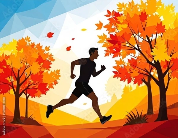 Fototapeta Vibrant Autumn Run: Man's Silhouette Enjoying a Scenic Jog Through a Forest with Colorful Foliage