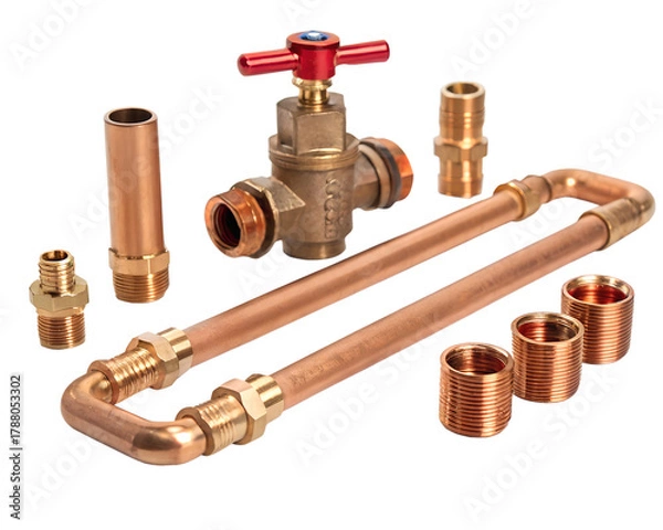 Fototapeta Copper plumbing fittings including a valve, pipes, and connectors on a transparent background. Isolated for easy use in design projects.