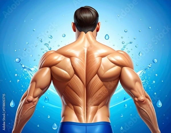 Fototapeta Detailed muscular back of a strong fit man with water droplets, symbolizing strength and hydration