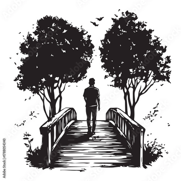 Fototapeta Silhouette of a man standing between two trees with a bench next to one tree