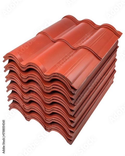 Fototapeta Stack of red ceramic roof tiles on a transparent background. The tiles are curved and arranged neatly, showcasing their texture and color.