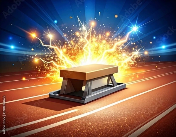 Fototapeta Explosive Energy from the Starting Block on a Dynamic Race Track with Bright Lights