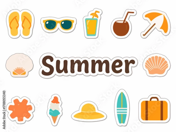 Fototapeta A colorful collection of summer vacation sticker icons, featuring beach essentials like a surfboard, sunglasses, and ice cream for holiday and travel concepts