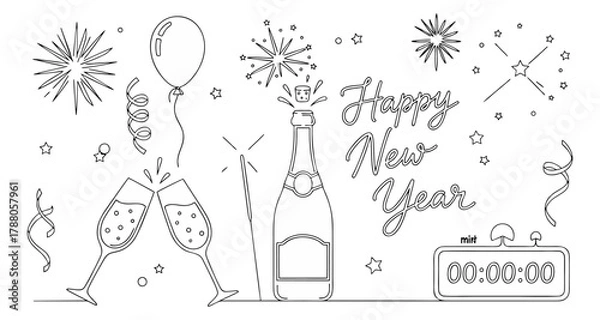 Fototapeta Happy New Year Celebration Line Art – Balloons and Champagne Outline Vector