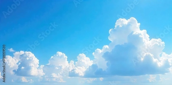 Fototapeta Vast expanse of blue sky dotted with fluffy white cumulus clouds, creating a dramatic and peaceful scene Perfect for backgrounds, travel, or nature themes , horizon, atmosphere