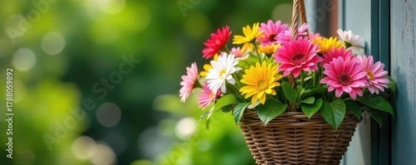 Fototapeta Vibrant summer flowers overflowing from a rustic woven hanging basket, creating a lush and colorful display Perfect for garden, patio, or balcony d?cor , floral, vibrant, beautiful