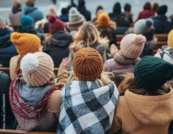 Obraz Rear view of a diverse group of people, including children and adults, wearing colorful winter hats and warm clothing while sitting outdoors at an event.