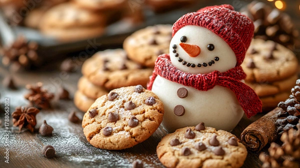 Obraz A small snowman wearing a red knitted hat and scarf, with chocolate cookies next to him. The background is decorated with pine cones and snow ornaments. Christmas.