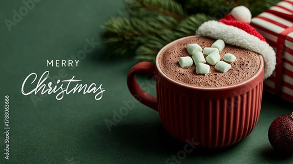 Obraz A mug of hot chocolate decorated with a Santa hat and marshmallows on top. In the background, there are Christmas tree branches, gifts, and Christmas balls.