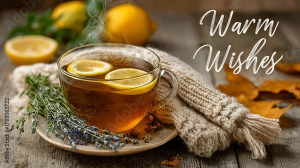 Obraz A cup of tea with lemon on a knitted sweater. A half lemon and some lavender sprigs on a wooden surface. It says “Warm Wishes”.