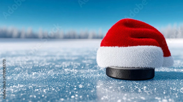 Obraz A hockey puck with a Santa hat on it in an ice arena. The background is blurred, creating an atmosphere of a sports match.