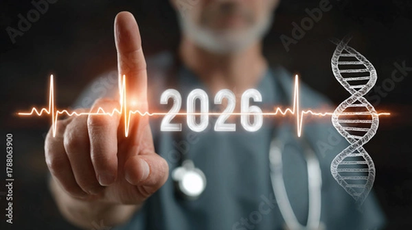 Obraz The doctor touches the holographic interface with a picture of a heart rate, the numbers 2026, and a DNA spiral.