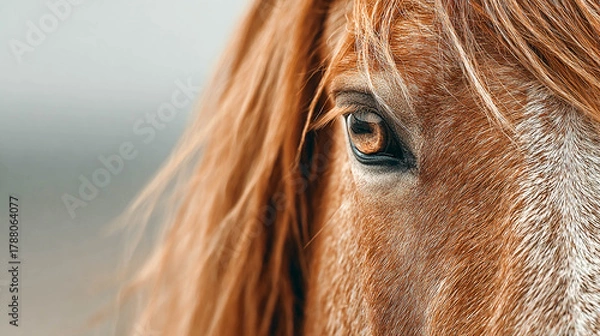Obraz Close-up of a horse's eye. The detailed texture of the fur, pronounced eyelashes, and delicate brown shades around the eye are visible.