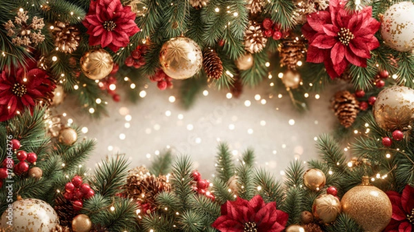 Obraz A Christmas arrangement with fir branches framing an open area in the center. Golden Christmas balls, cones, and berries. Christmas.