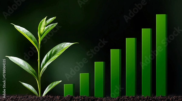 Obraz A sprout with green leaves growing out of the ground, with a bar graph showing growth. Ecology, growth, and development.