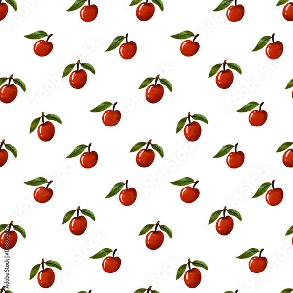 Fototapeta Red apple hand drawn watercolor seamless background. Simple patter for kids