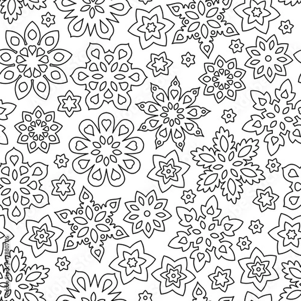 Fototapeta Abstract hand drawn outline seamless pattern with snowflakes isolated on white background. coloring antistress book for adult and older children.