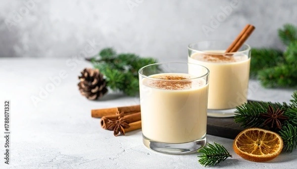 Obraz Festive eggnog drink with cinnamon sticks and seasonal decorations a cozy holiday treat for christmas and new year.
