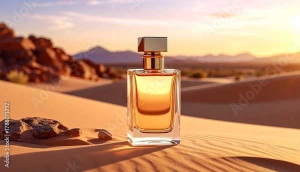 Fototapeta Elegant perfume bottle in desert setting showcasing luxury and aroma in sunlit landscape.