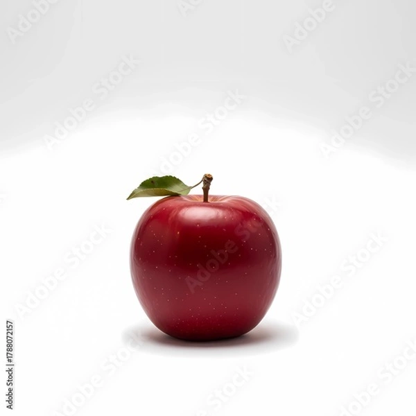 Fototapeta Fresh red apple with green leaf on plain background  