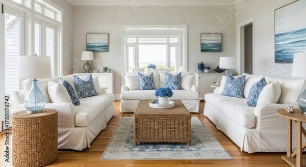 Obraz Coastal Style Living Room with Three White Sofas, Blue Patterned Cushions, and Rattan Coffee Table.