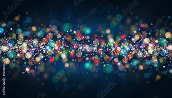 Fototapeta Colorful glowing holiday banner with bokeh Christmas lights.
