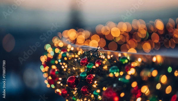 Fototapeta Colorful glowing holiday banner with bokeh Christmas lights.