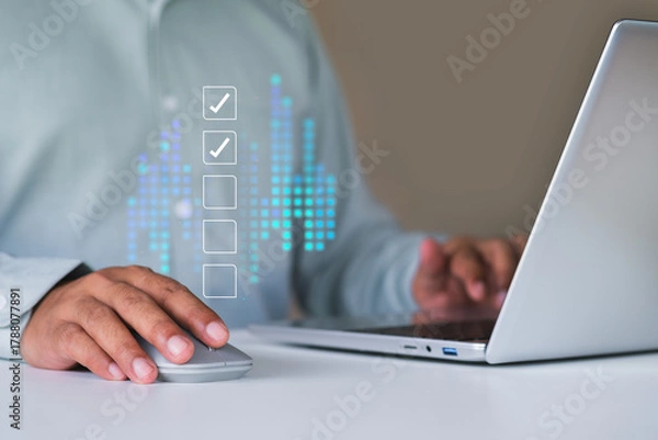 Fototapeta Businessman mark off items on digital checklist, Quality Assurance and Document Control Icons, representing quality assurance and document control processes, verification and compliance