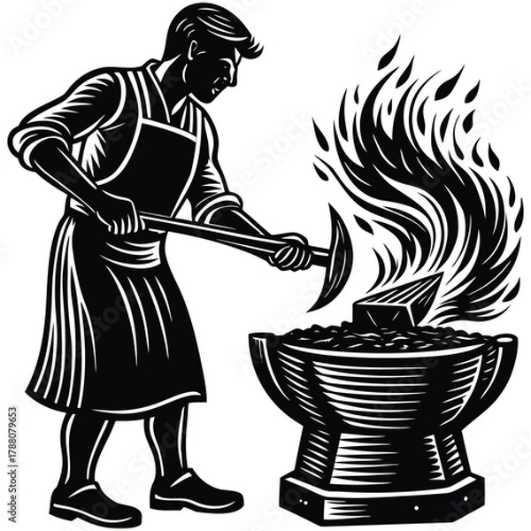 Fototapeta Blacksmith at Work Silhouette Crafting Metal with Fire and Hammer on White Background