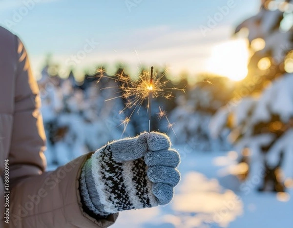 Obraz Close-up of a person's hand in a striped mitten holding a sparkling sparkler against a snowy winter landscape with a bright sun in the background.