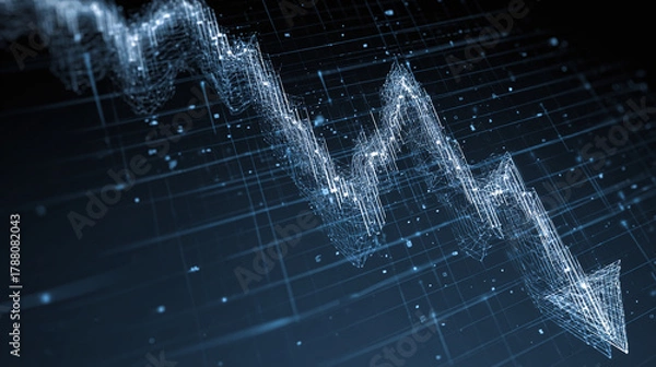 Obraz Digital arrow trending down. Abstract representation of economic downturn, market decline, or negative trend in a digital environment.