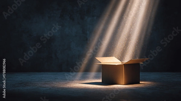Fototapeta An ordinary cardboard box is illuminated by an ethereal glow, emanating warmth and magic. The beam highlights its potential for wonder.