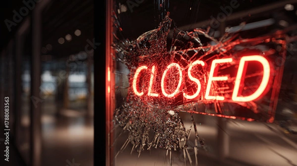 Obraz A glowing red "CLOSED" sign is seen through a shattered glass door, suggesting a business is temporarily unavailable.