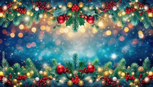 Fototapeta Colorful glowing holiday banner with bokeh Christmas lights.